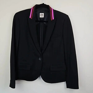 Anne Klein Black One Button Blazer Pink Stripe Collar Size Medium